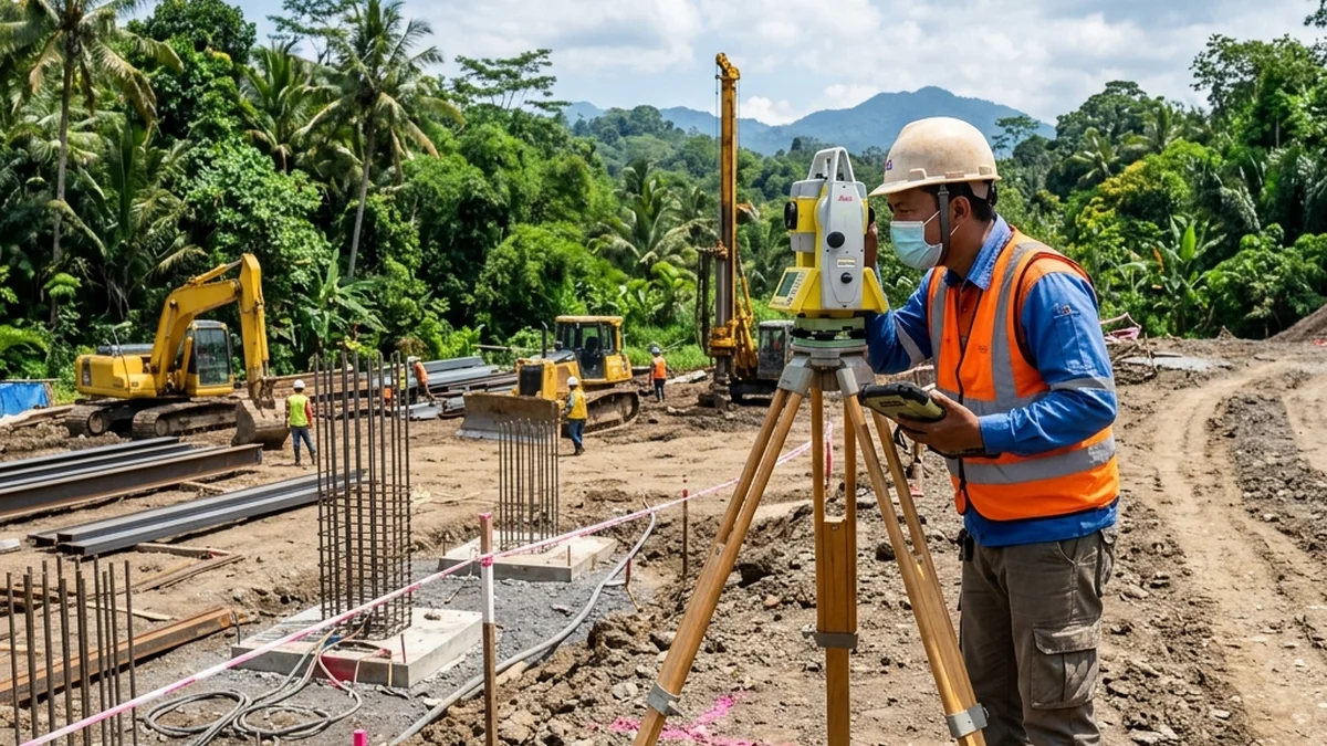 Survei teknis lokasi proyek untuk akses mobile crane dan logistik baja