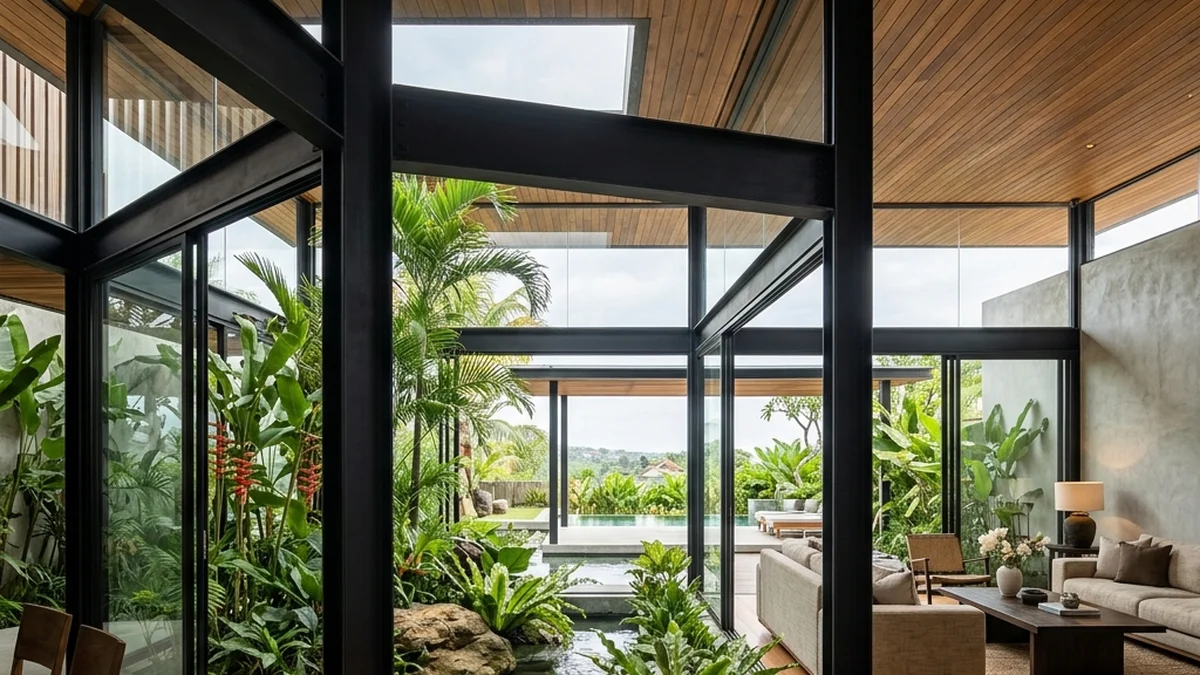 Integrasi struktur baja ekspos pada arsitektur vila tropis modern Bali