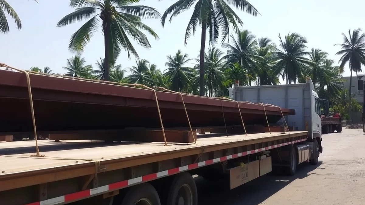 Logistik dan pengiriman balok baja WF menggunakan truk armada proyek